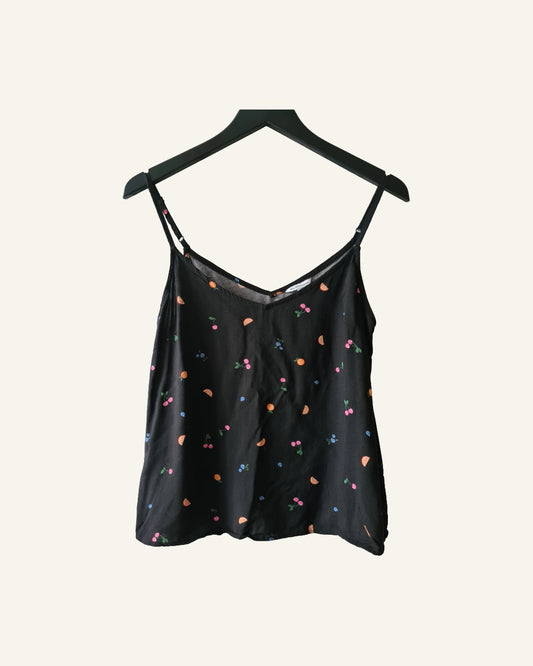Clockhouse spaghetti top zwart met print – maat 38 – verstelbare bandjes – Tweedehands