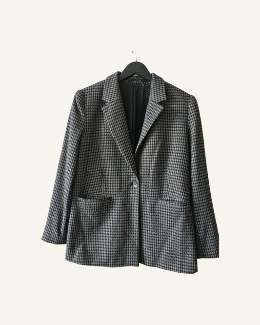 Zwart-witte blazer/jas met pied-de-poule patroon – maat 42 – Tweedehands